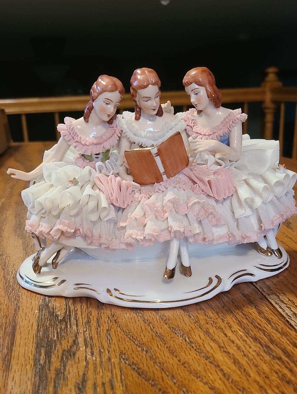 Dresden Porcelain Trio of Ballerina Ladies Reading A Book